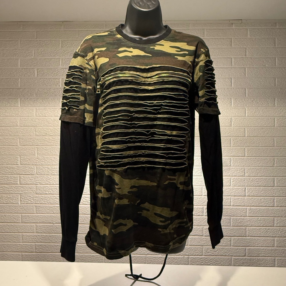 Carbon Camouflage Camo Distressed Layered Long Sleeve‎ T-Shirt Mens Medium